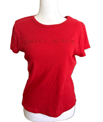 Y2K Vintage DNKY Women's Red Bedazzled logo T-shirt Size M 1990's