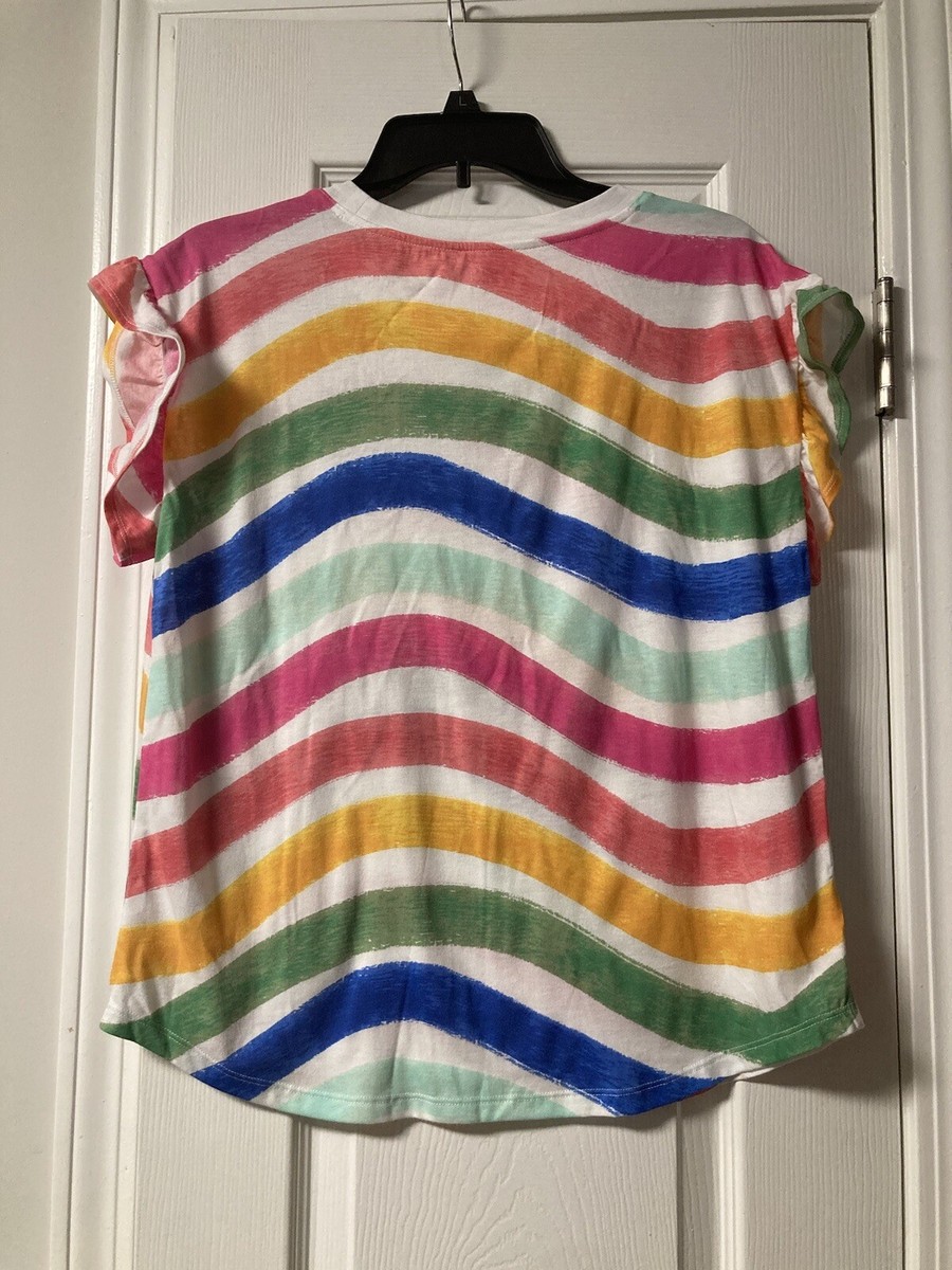 Women's Crown & Ivy Rainbow Wave Short Sleeve Ruffle Tee