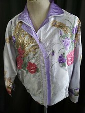 RETRO 1990's VINTAGE WOMANS POLYESTER JACKET MEDIUM FLORAL PATTERN WHITE PURPLE
