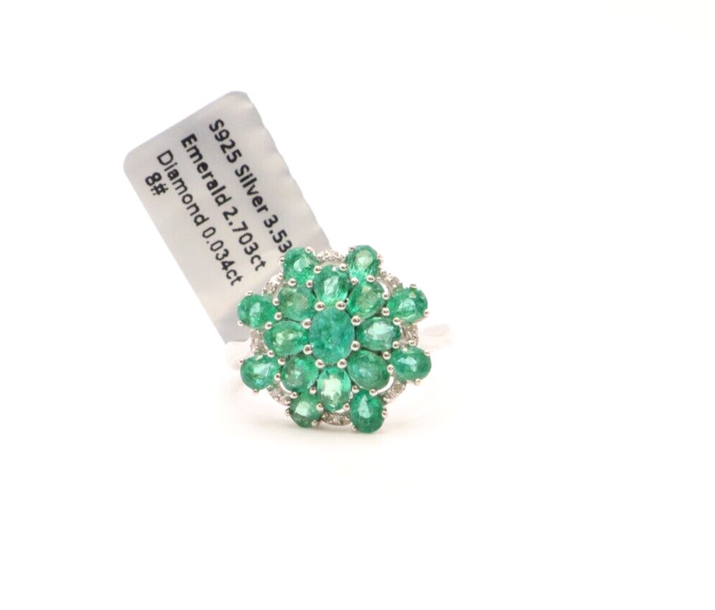 Sterling Silver 925 Emerald & Diamond Flower Cluster Cocktail Ring, Size 8