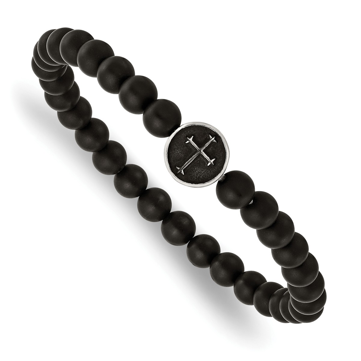 Chisel Stainless Steel Antiqued and Polished Cross 7mm Black Agate Beaded Stretch Bracelet Chisel Stainless Steel Antiqued and Polished Cross 7mm Black Agate Beaded Stretch Bracelet