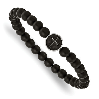 Chisel Stainless Steel Antiqued and Polished Cross 7mm Black Agate Beaded Stretch Bracelet Chisel Stainless Steel Antiqued and Polished Cross 7mm Black Agate Beaded Stretch Bracelet