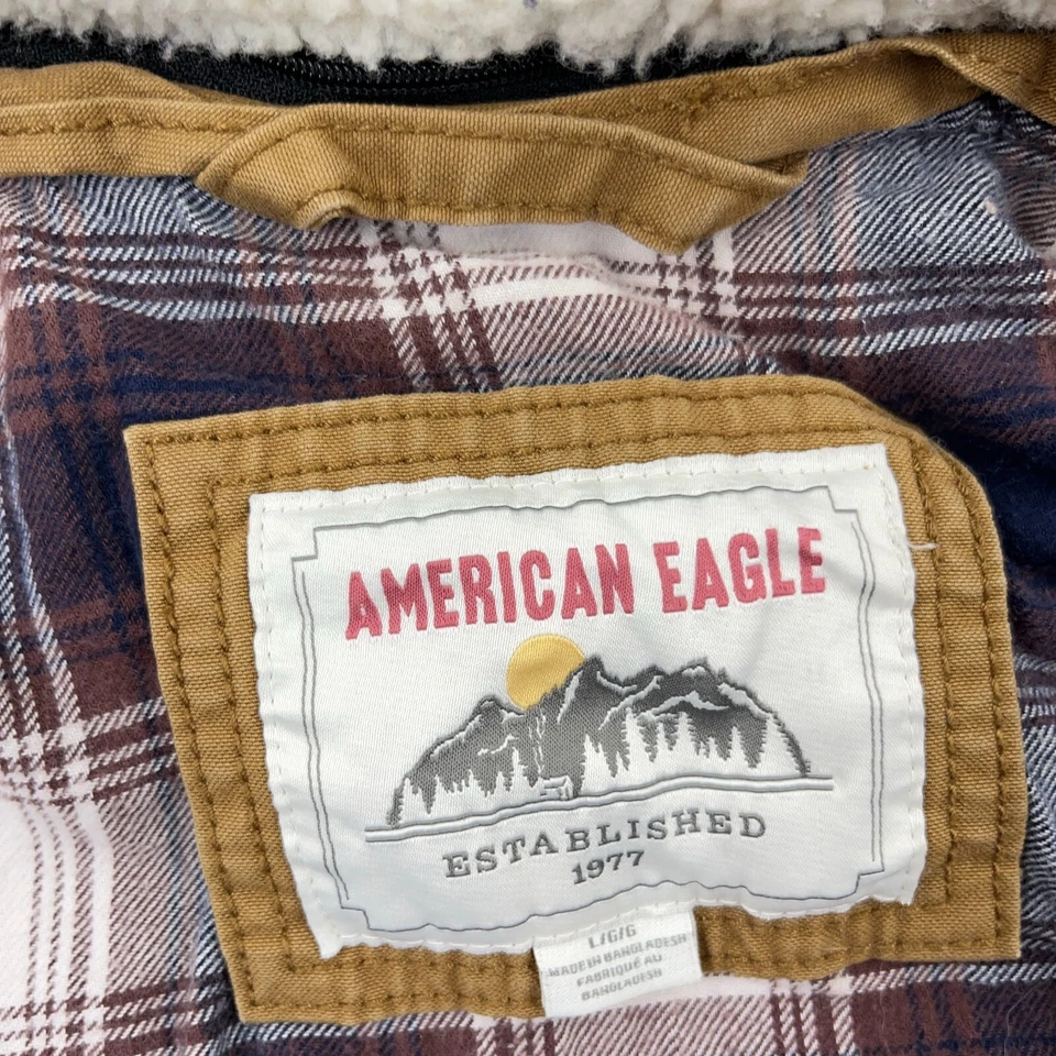 Chaqueta American Eagle Hombre Grande Marrón Bombardero Sarga Lona Franela Forrada Con Capucha Foto 4 de 4