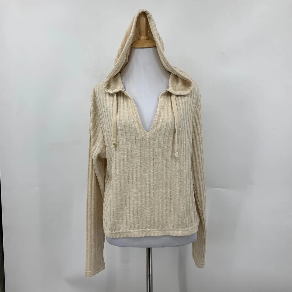 Sudadera con Capucha Recortada RVCA Mujer L Grande Beige Cuello en V Tejido Pullover Manga Larga Suéter Foto 2 de 4