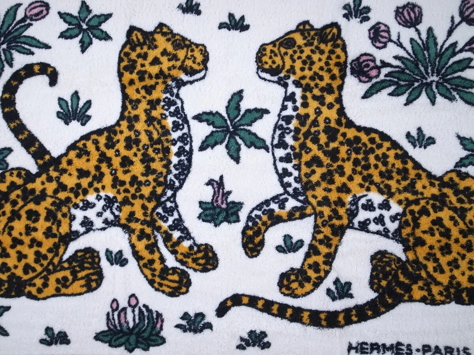 HERMES Paris Algodón Toalla de Playa Alfombra de Baño Toalla Leopardos 95×64cm Excelente Foto 2 de 4