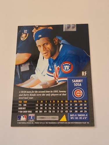 1996 Sammy Sosa Pinnacle #92 Chicago Cubs - Picture 2 of 2