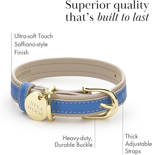 London Vegan Leather Dog Collar Luxury Cute Adjustable Buckle - Blue Extra Small - Picture 5 of 15