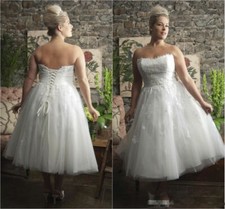 Vintage Tea-Length Lace Wedding Dress Strapless Bridal Gown Lace-up Back 2 4 6++