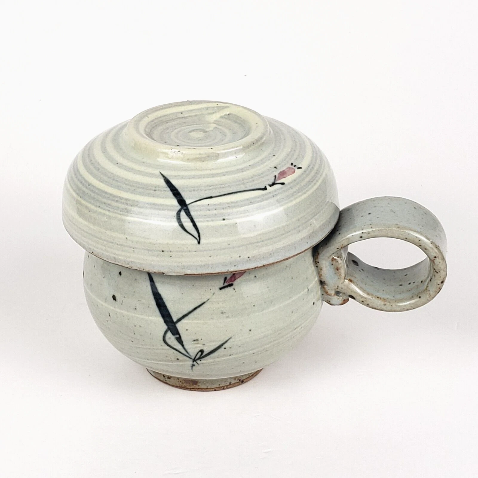 Ceramic Tea Cup Infuser Set Loose Leaf w Lid 3 Pc Set Bamboo Blossom Cream Color