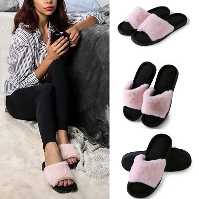 Aerusi Pink Lady Fashion Open Toe Home Sandals With Faux Fur Warm Cozy Slippers
