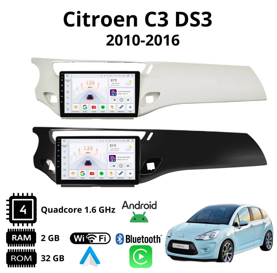 Autoradio 9" Android 13 CarPlay Navi GPS per Citroen C3 II DS3 2009-2016 - Immagine 2 di 4