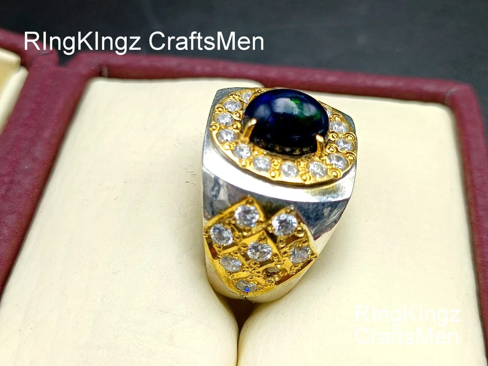 黑色 Ethopian 火蛋白石戒指 手工制作 天然宝石 珠宝 925 银 — 第 2/4 张图片