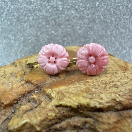 Genuine Pink Coral Earrings Screw Back Carved Coral Rose - Picture 3 of 7