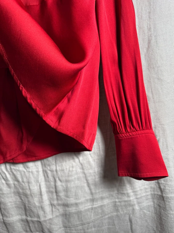 TRINA TURK новый блузка женщин Sz средний M длинным рукавом красный шелк оборки v-образным вырезом новый с Ярлыками - Изображение 4 из 4