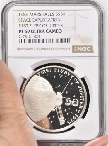 1989 Marshall Islands Space First Flyby of Jupiter Silver $50 - NGC PF69 UC
