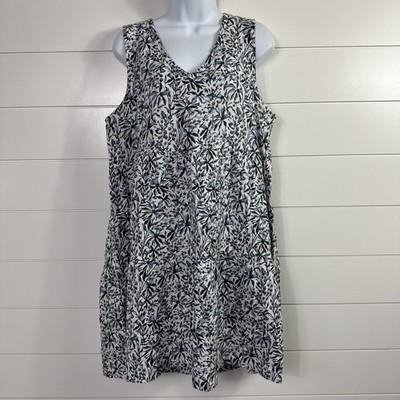 Lucky Brand 100% Linen A-Line Dress Sleeveless White Blue Floral Print sz M