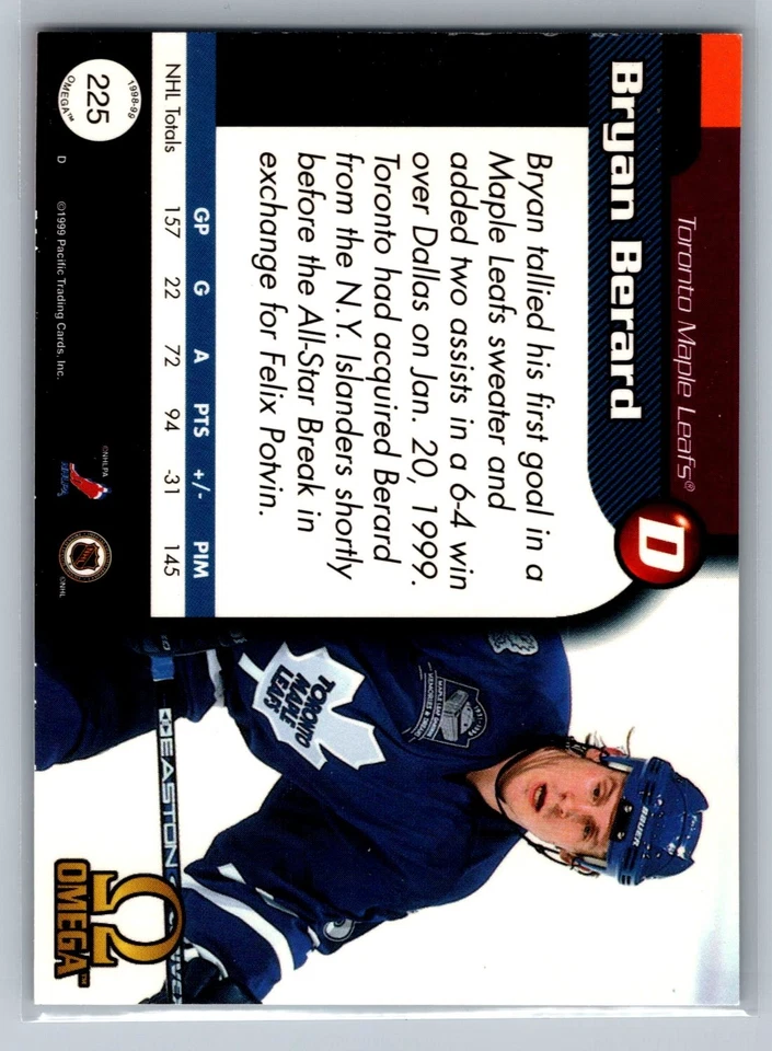 Bryan Berard 1998-99 Pacific Omega HOCKEY #225 Toronto Maple Leafs - Image 2 of 2