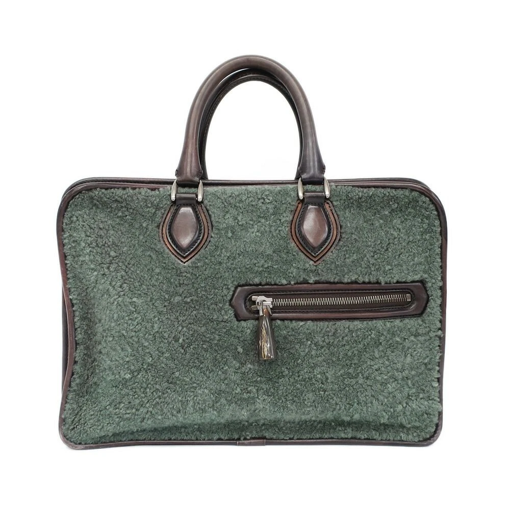 Tenpaku] Berluti Dujour Mouton Briefcase Handbag Green Brown