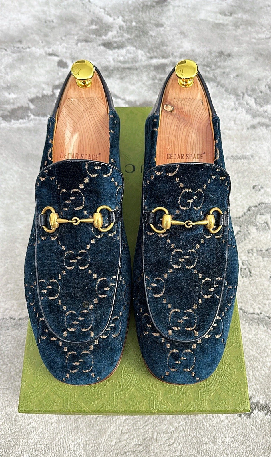 Authentique mocassin homme Gucci GG bleu daim cuir US12,5 EU46 UK12