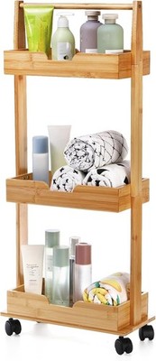 3 Tire Shower Caddy Stand, Bamboo Shower Floor Organizer Corner with Sliding Whe