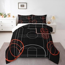 Manfei Basketball Comforter Set King Size Black Basketball Court 2 Pillowcases