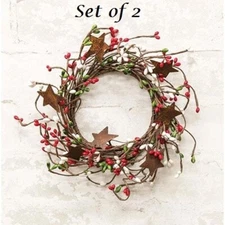 NEW Farmhouse Berry Wreath Candle Rings 2pc Rust Stars 2" Red Green White Pips