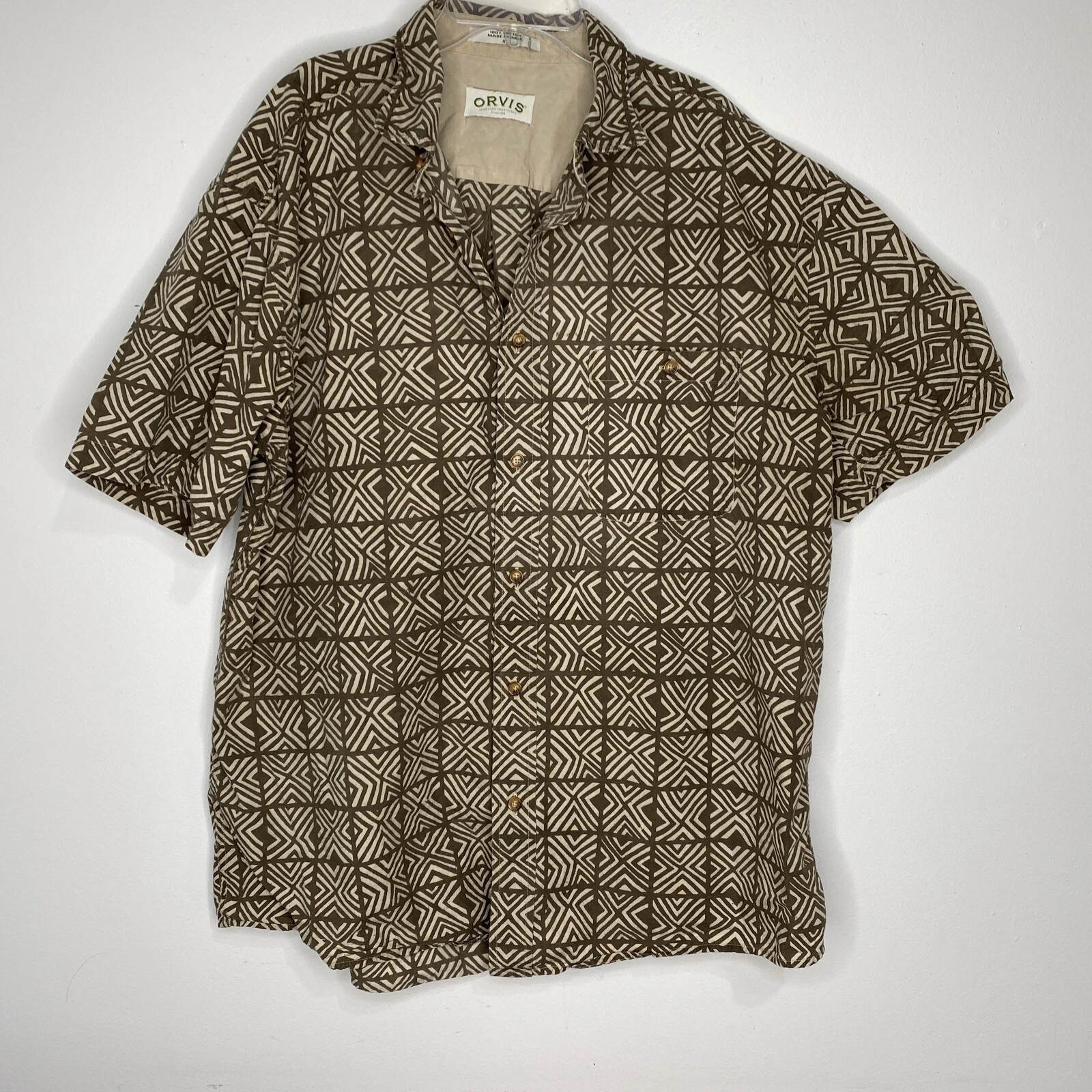 Orvis Men's Short Sleeve Shirt XL Tan Pockets Button Down Cotton