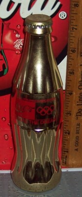 1992 OLYMPIC'S COCA COLA WORLDWIDE SPONSOR 8 OUNCE GLASS GOLD TONE BOTTLE EMPTY