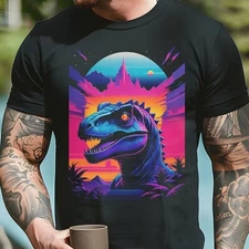 Cool SYNTHWAVE RAPTOR T-Shirt Tee Gift Idea Dinosaur T-Rex Retro Neon Futuristic