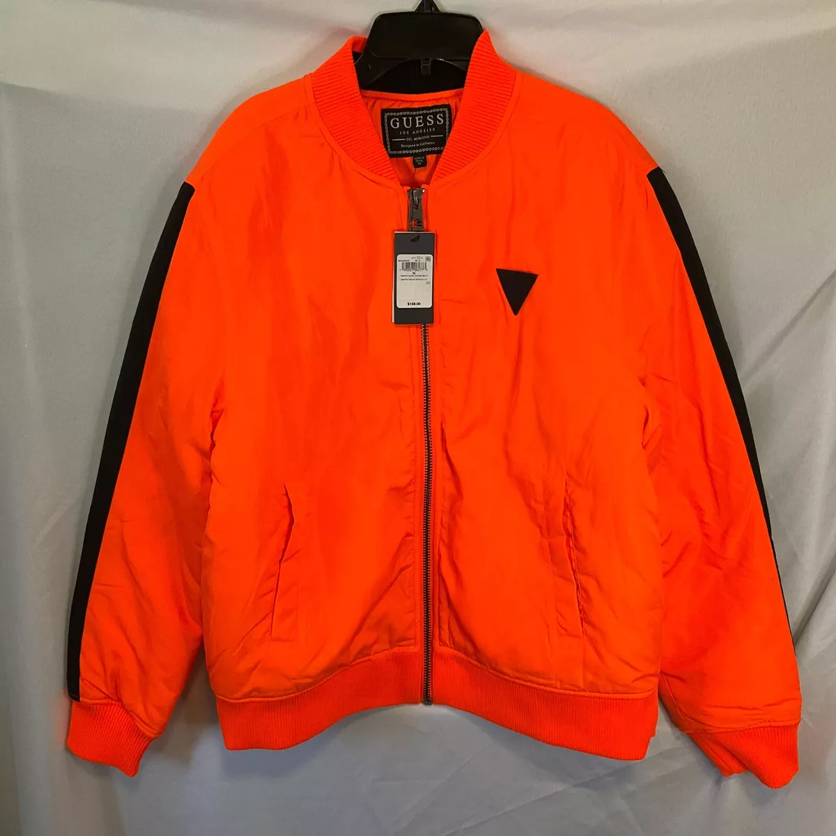 Guess Traffic Nylon Bomber Jacket Mens Medium Neon Embroidered Orange Full Zip