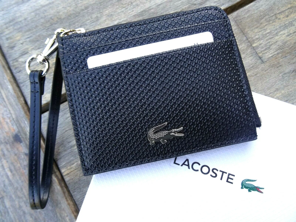 Genuine LACOSTE Black LEATHER Zipped CARD HOLDER Wristlet Strap