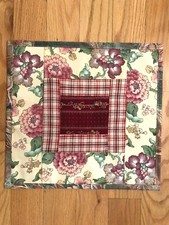 Quilted Table Topper pink flowers with red, 15 x 14.5, liner on the back