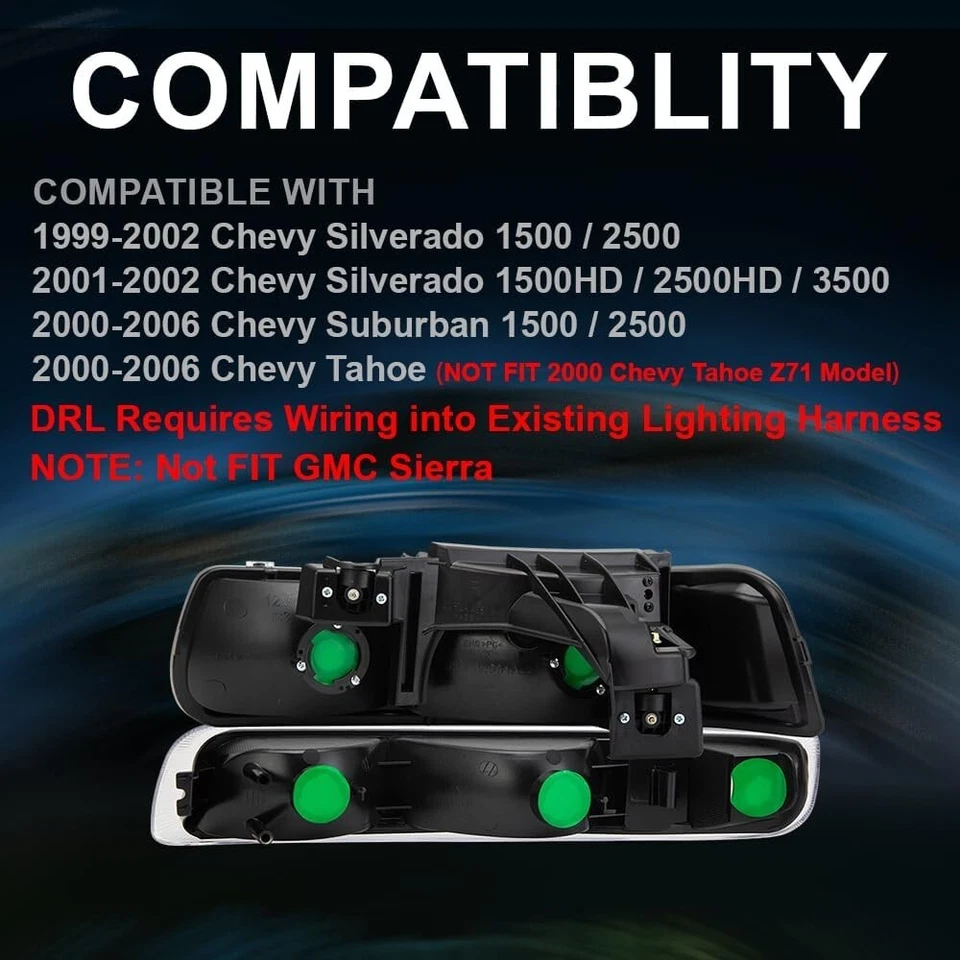 Faro LED DRL para 99-02 Chevy Silverado 1500 2500 HD 3500 + Lámpara de señal de parachoques Foto 2 de 4