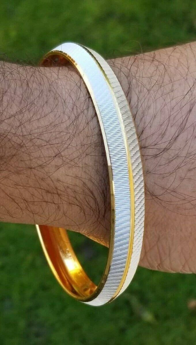 Sikh two tone gold silver plated design punjabi kada kara bangle bracelet  aa11