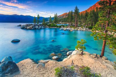 Landscape lake nature colorful trees mountains rocks Custom Gaming Mat Desk