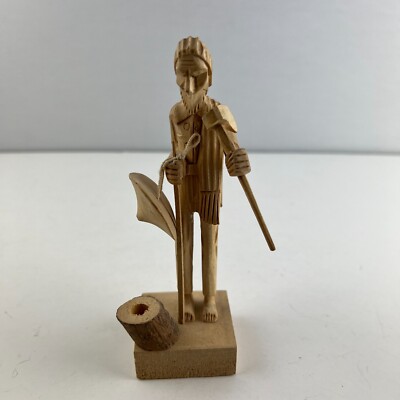 Folk Art Wood Carving Man With Axe Walking Stick & Removable Hat Vintage 6.5''