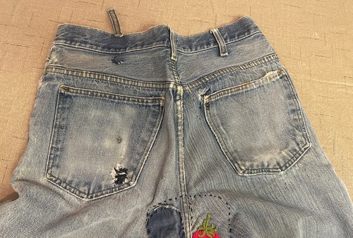 Vintage 70’s JC Penney Plain Pockets Denim Blue Jeans Heavily Distressed Patches - Picture 10 of 12