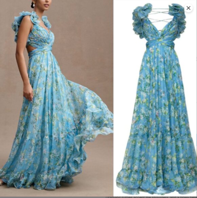 MAC DUGGAL 67803 RUFFLE TIERED FLORAL CUTOUT CHIFFON BLUE MULTI GOWN 6 |  eBay