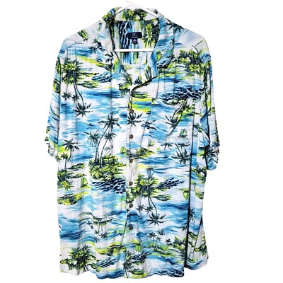 George Mens Blue Green Tropical Hawaiian Shirt Size 2XL
