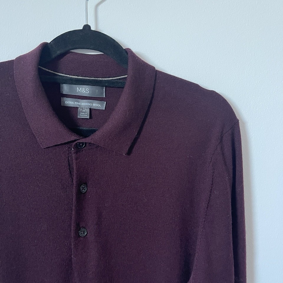 Men’s M&S Extra Fine Merino Wool Burgundy Polo Collared Jumper UK Size