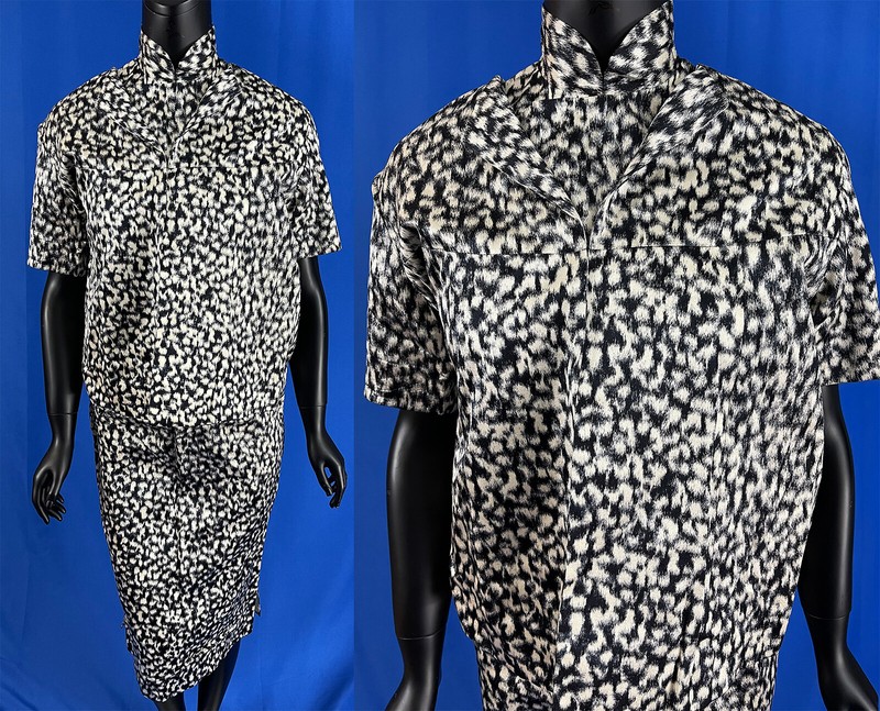 Vintage Chinese Cheongsam Black White Print Silk Qipao Cocktail Dress & Jacket