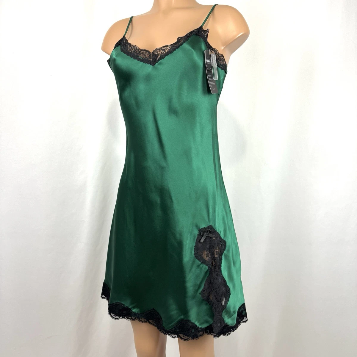 green emerald velvet dress Green Satin Nightgown Embroidery Night Dress Silk Sleepwear Nightwear   plusminusco.com