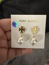 NEW Tory Burch Logo Pearl Drop Earrings Pierce Gold Womens No Box Kira