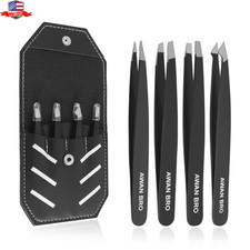 Tweezers Set 4-Piece Professional Black Plucker Stainless Steel With Case