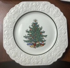 4 - CUTHBERTSON DICKENS CHRISTMAS TREE SQUARE EMBOSSED SALAD PLATE 8 1/4”