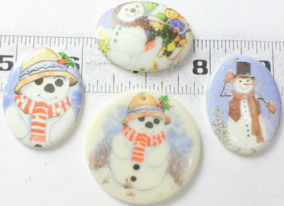 4 Different L-XL Porcelain Colorful Winter Snowmen Cameos Cabochons Cabs
