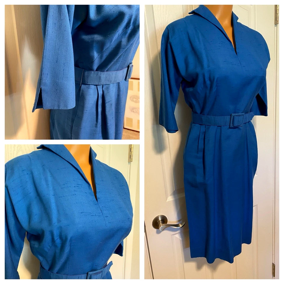 VESTIDO ROCKABILLY WIGGLE VINTAGE ANOS 60 BANDEIRA AZUL MISTURA DE LINHO COM CINTO PIN-UP - P - Imagem 2 de 4