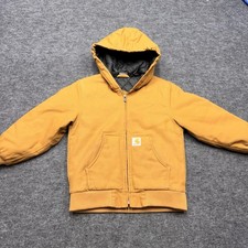 Carhartt Bomber Jacket Kids Small 7-8 Brown Canvas Hooded Quilt Lined Insulated