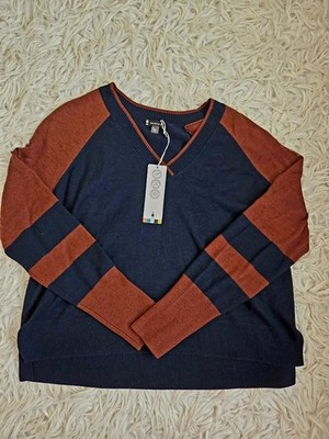 SMARTWOOL Edgewood Color-Block V-Neck Sweater Women s L Navy/Rust Merino Blend
