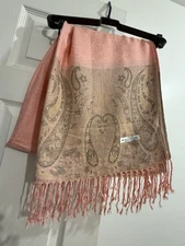 100% Cashmere PARAS Pashmina Scarf Pastel Pink & Beige 27 X 67 As-Is!